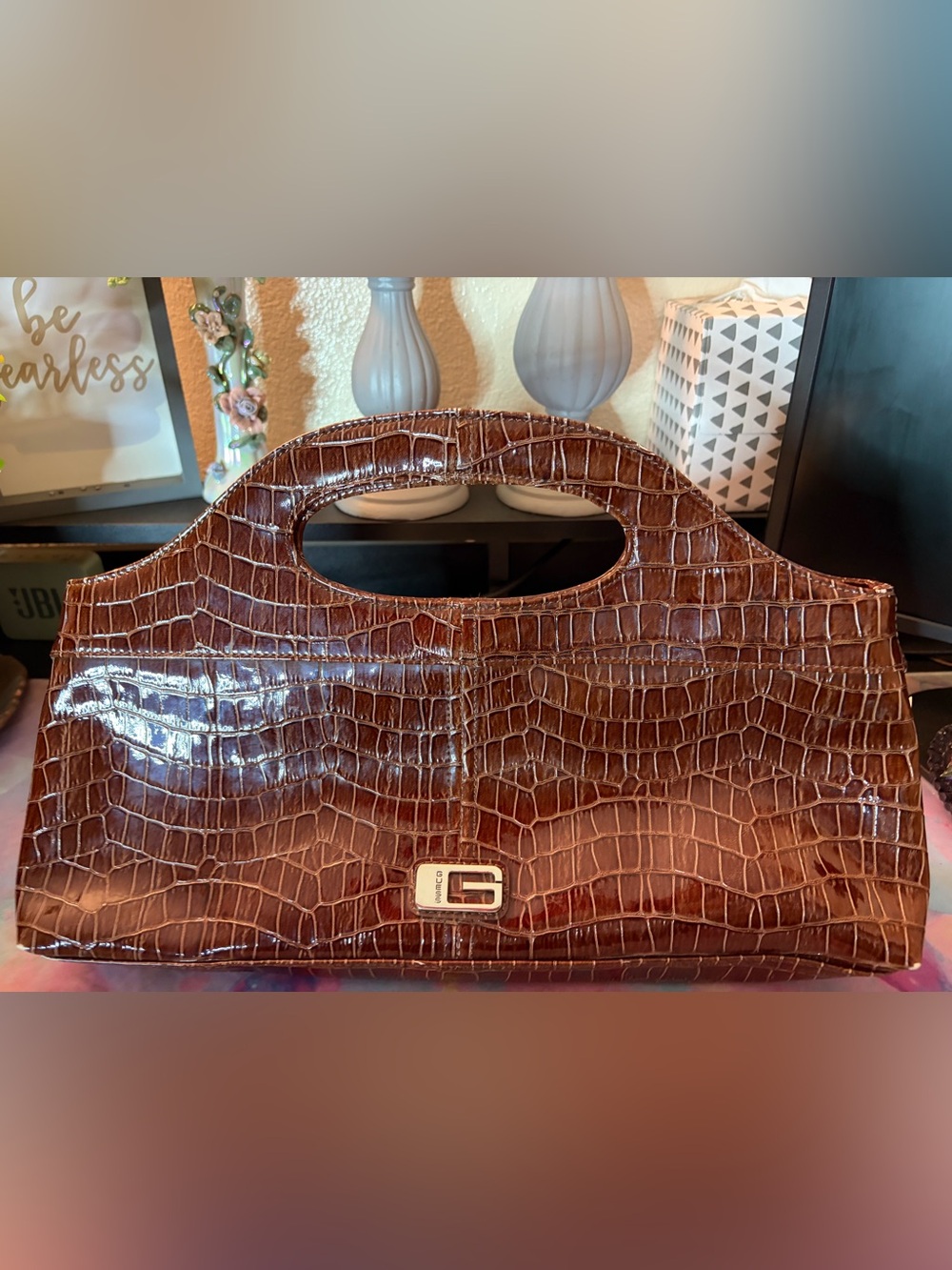 Croc-Embossed Brown Wristlet Clutch with Top Handle